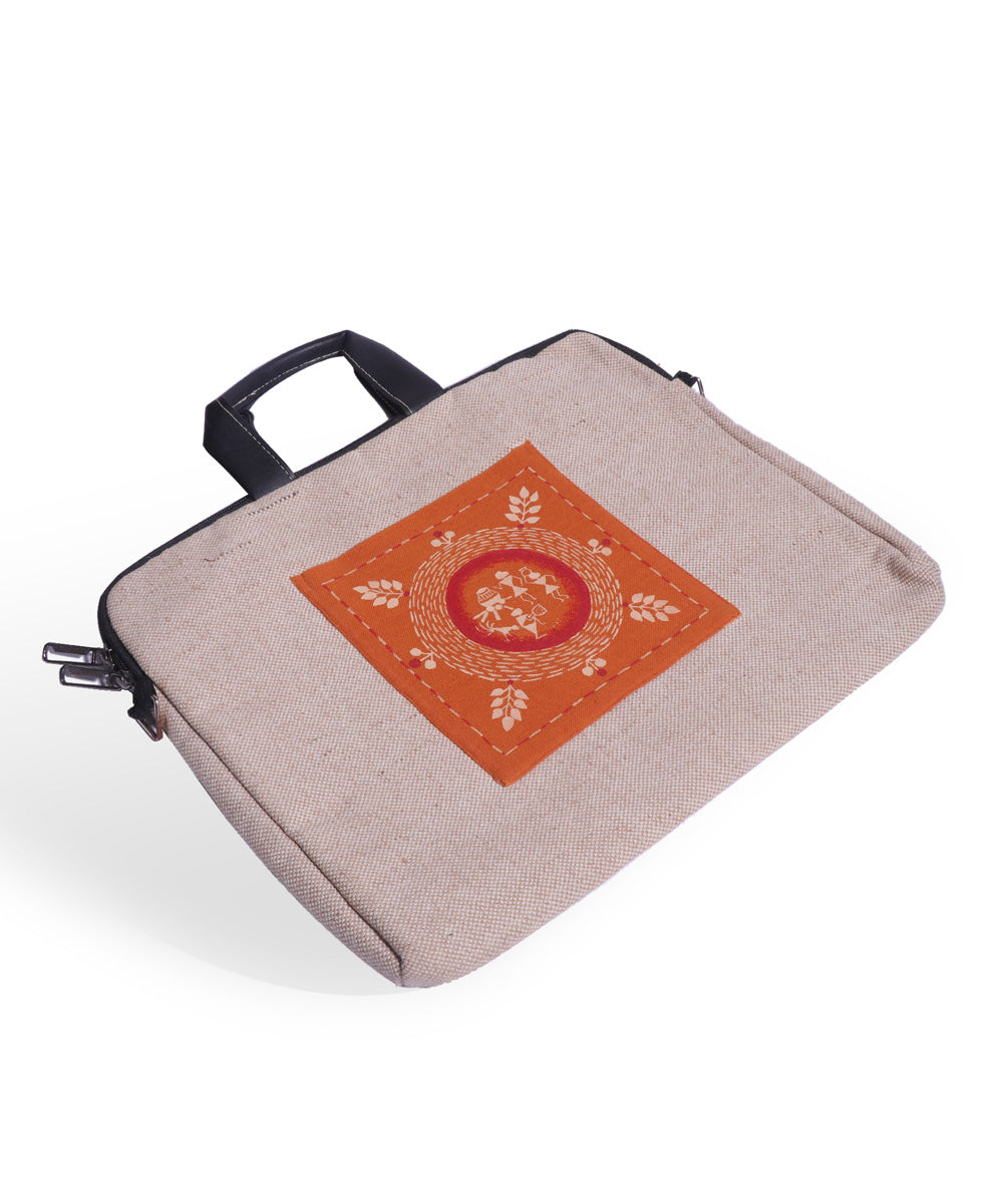 Beige orange handmade jute laptop bag