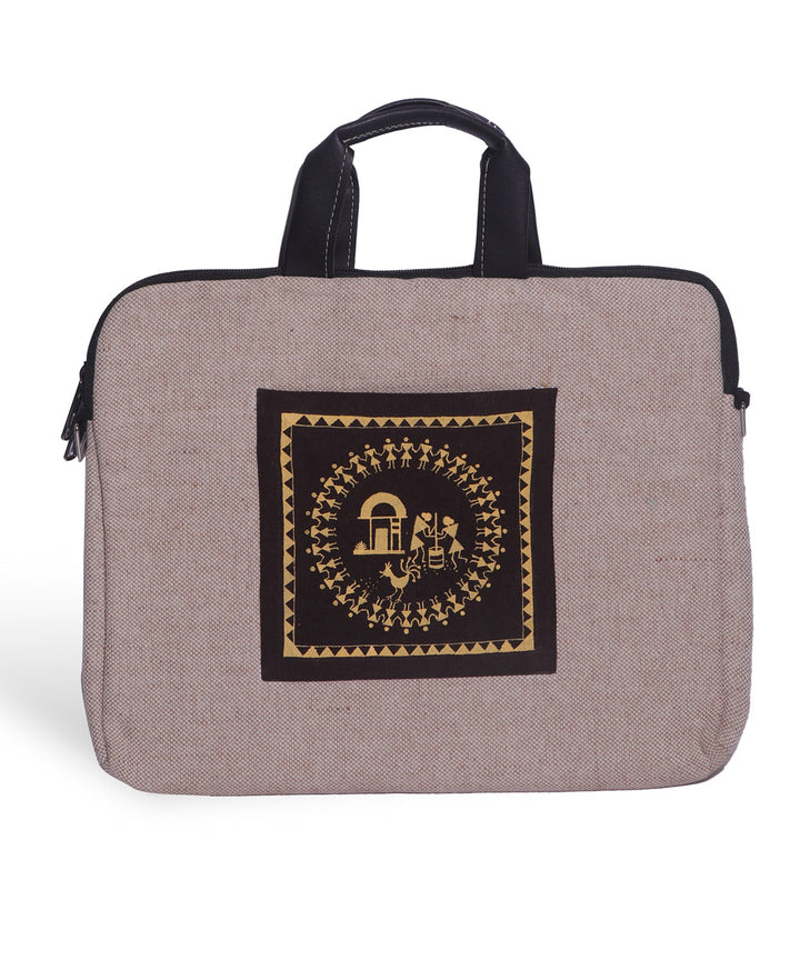 Beige black hand made jute laptop bag