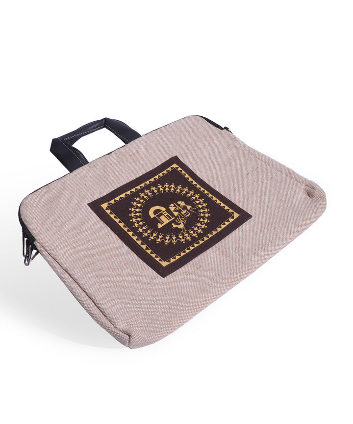 Beige black hand made jute laptop bag