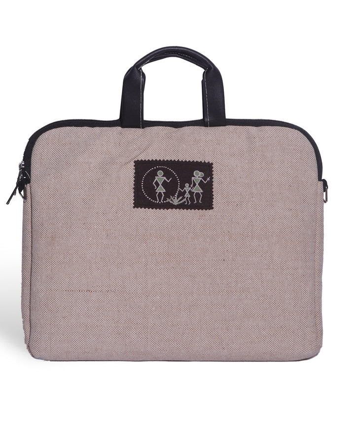 Beige black handcrafted jute laptop bag