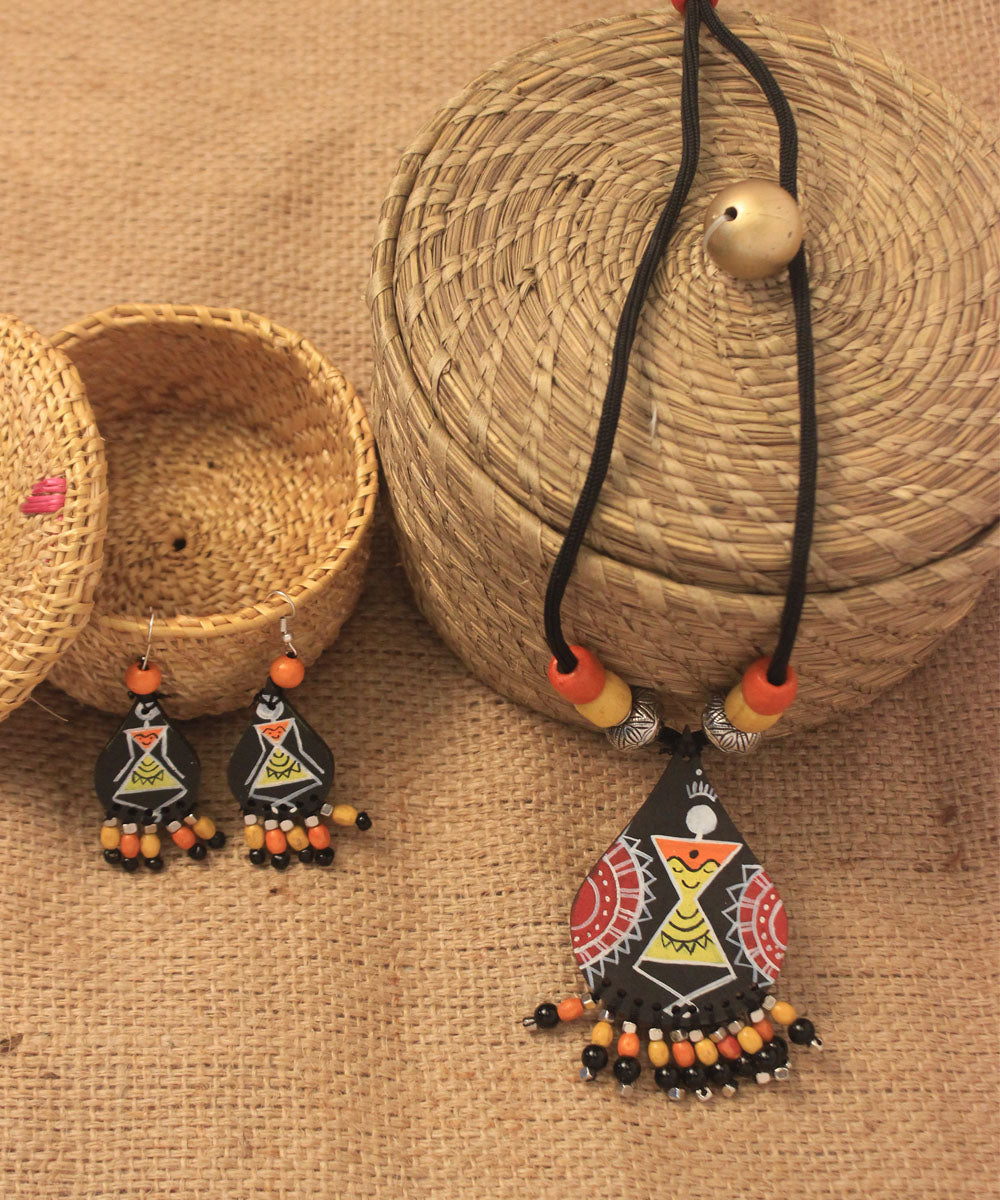 Multi color hand painted warli art earring and necklace set