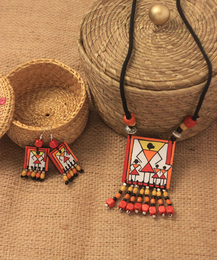 Multi color hand painted warli art necklace and earring set