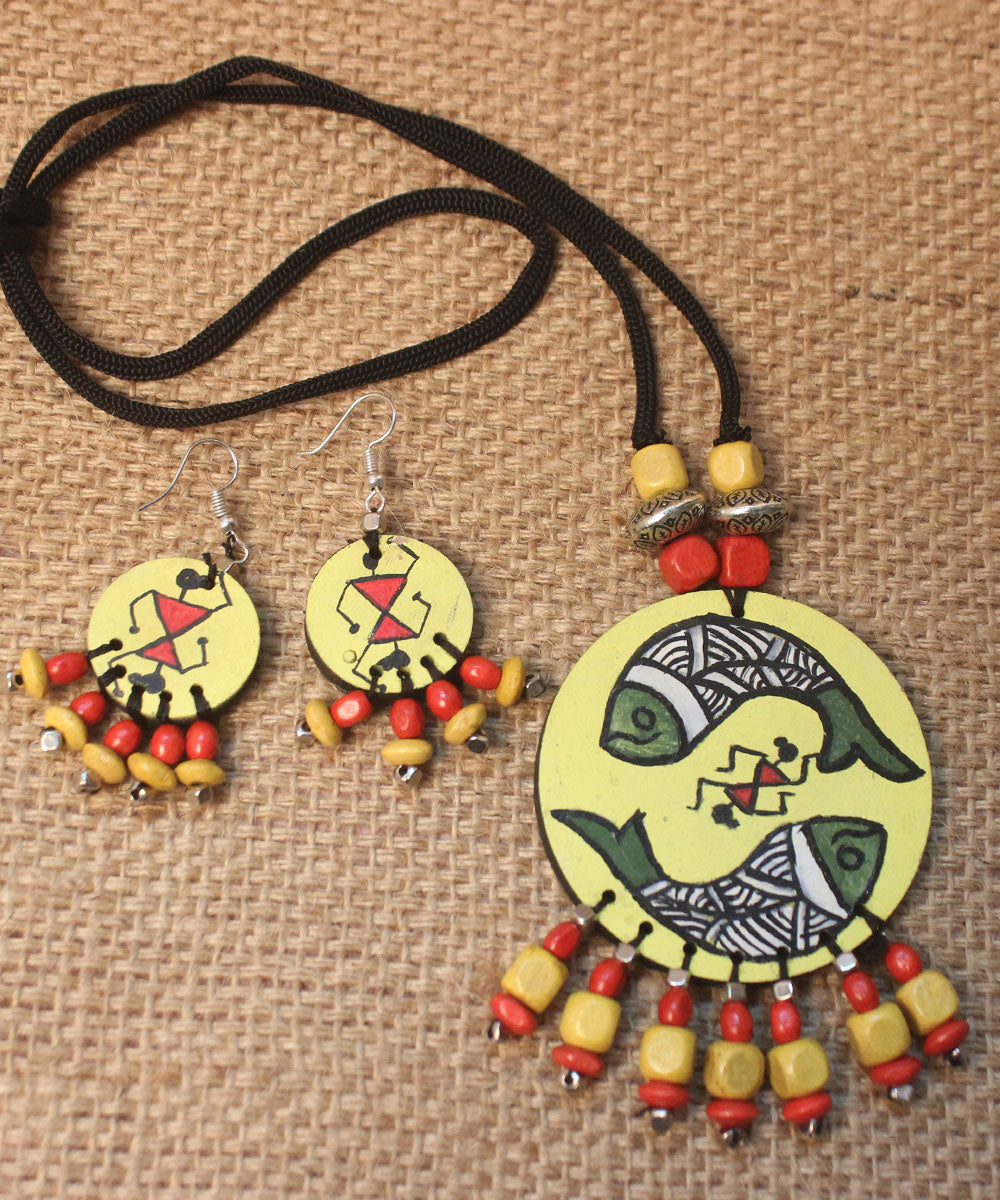 Multicolour hand painted warli art necklace and earring set