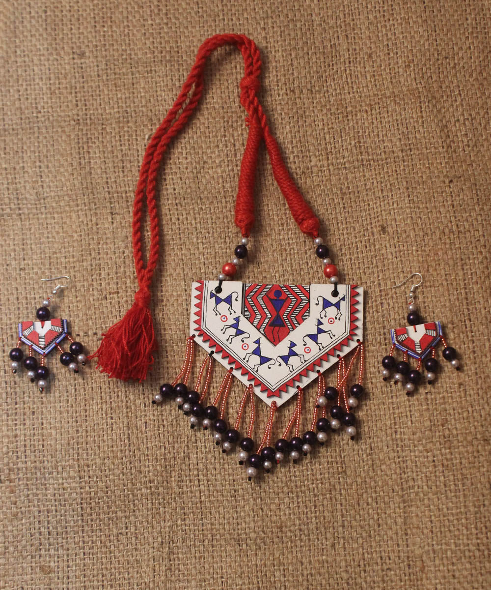 Multicolor hand painted warli art necklace earring set