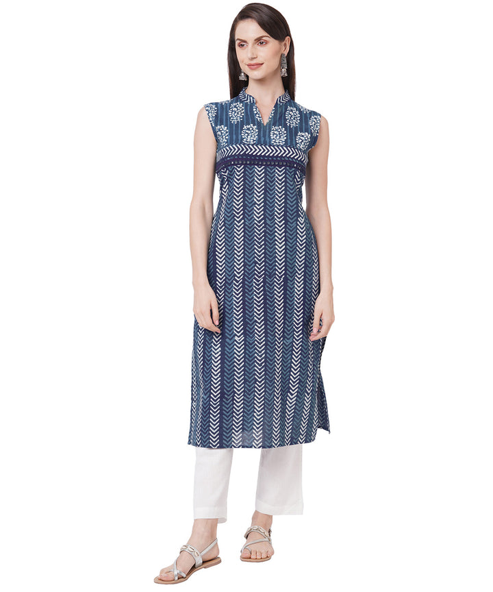 Indigo floral print mirror embroidery cotton kurti