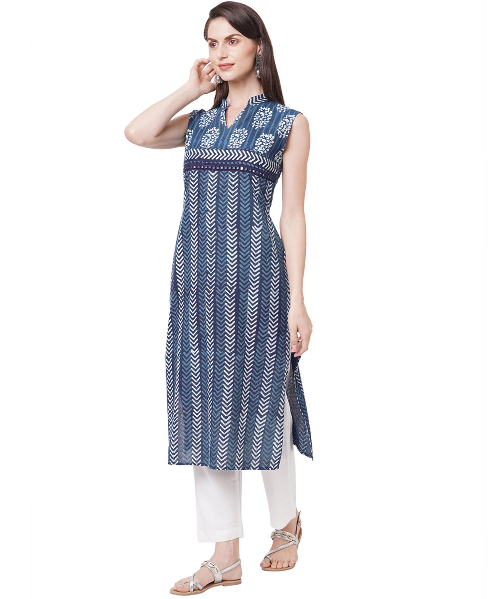 Indigo floral print mirror embroidery cotton kurti