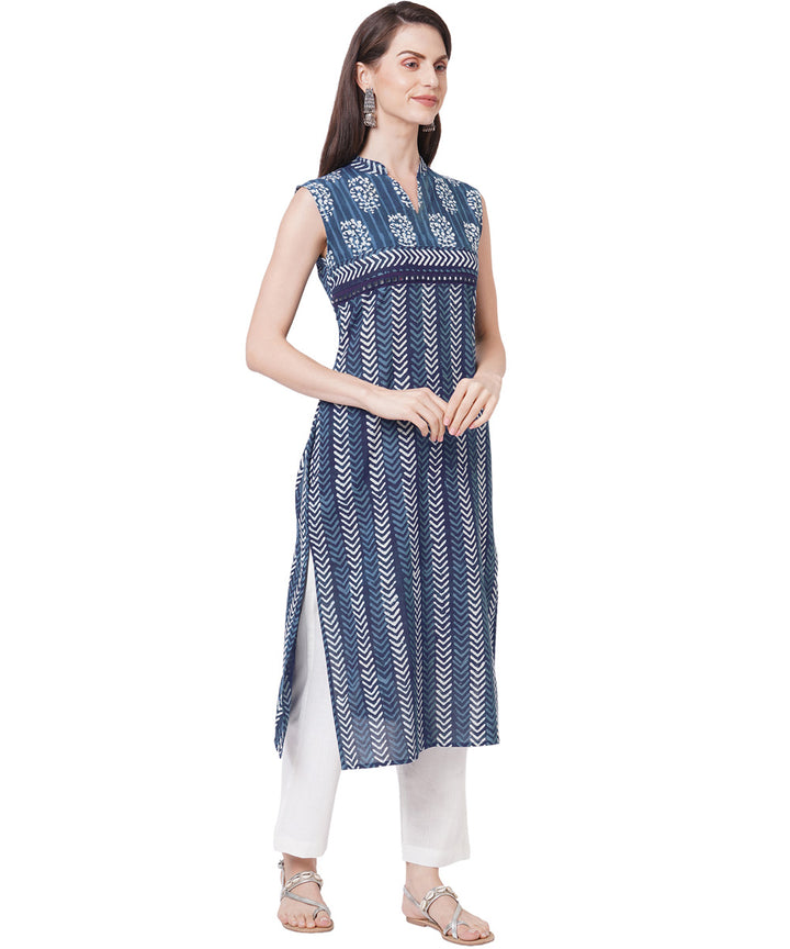 Indigo floral print mirror embroidery cotton kurti