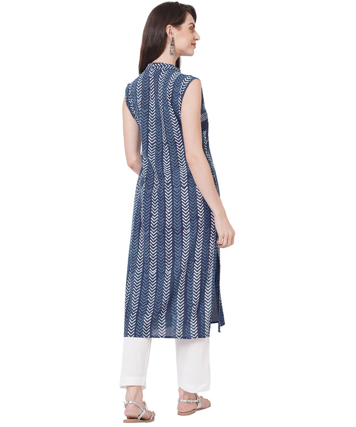 Indigo floral print mirror embroidery cotton kurti