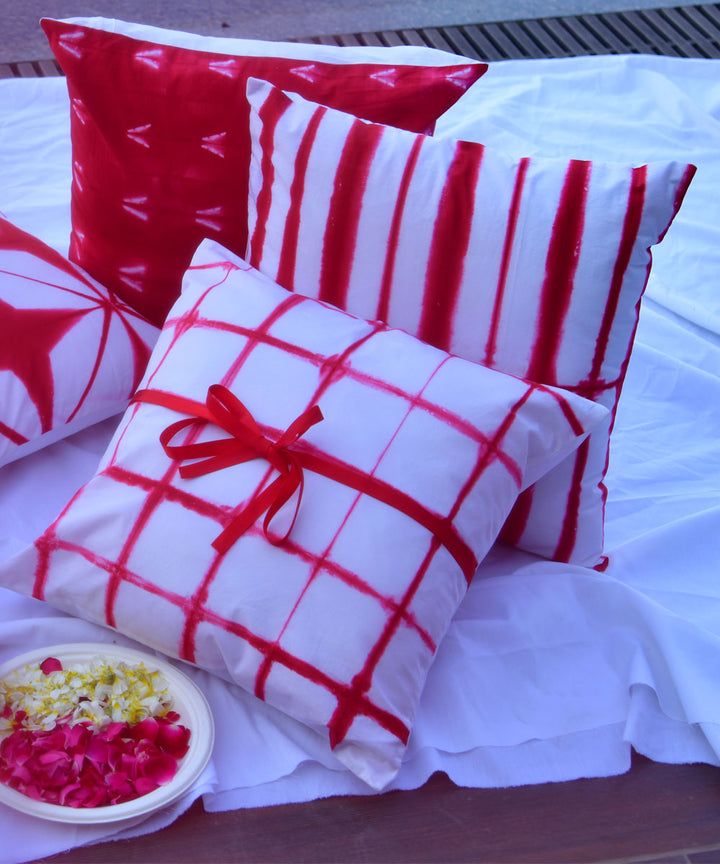 White red hand printed shibori cotton cushion cover
