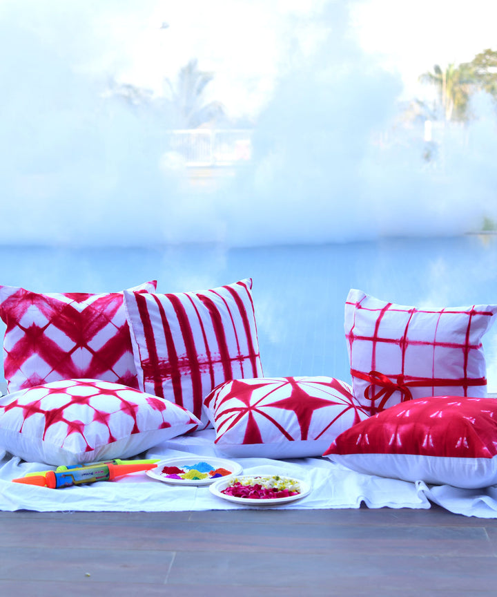 White red hand printed shibori cotton cushion cover