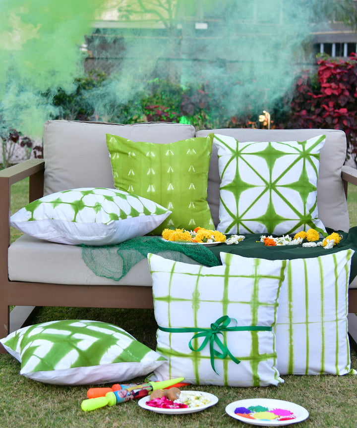 Green white handprinted cotton shibori cushion cover