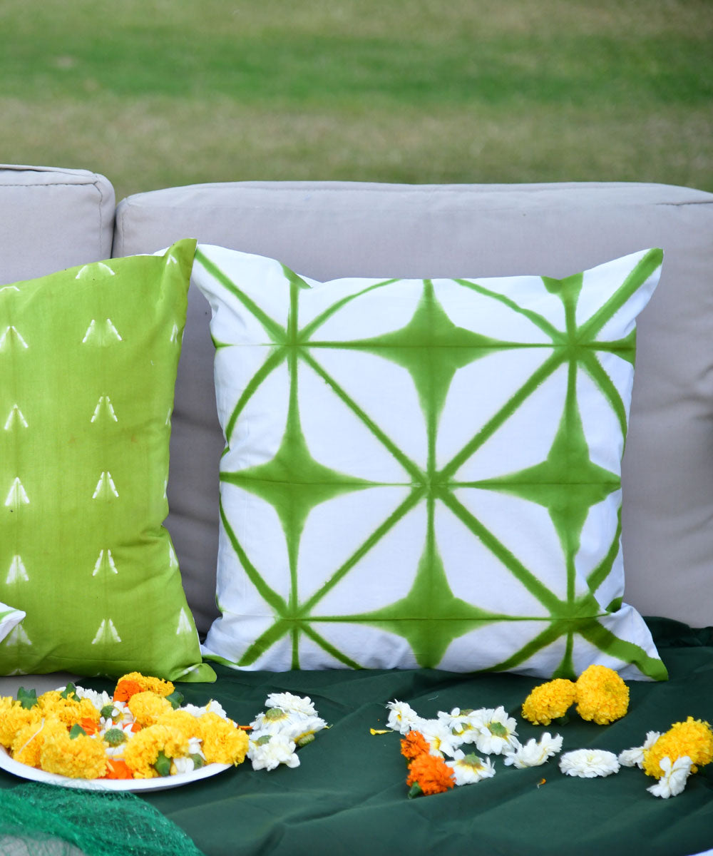 White green handprinted shibori cotton cushion cover