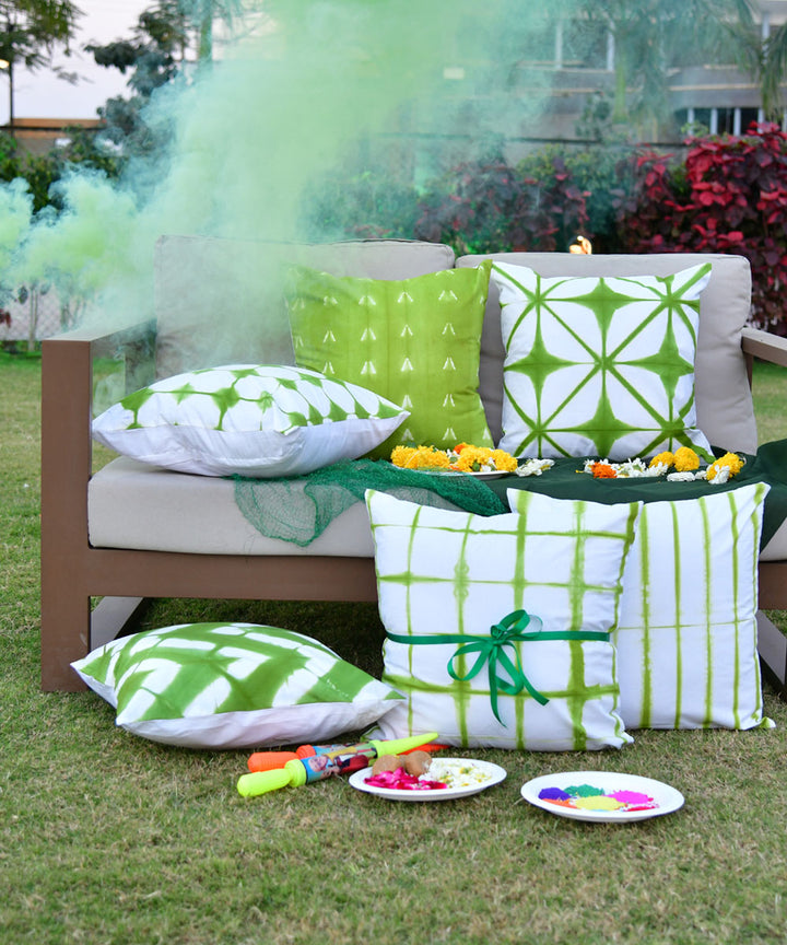 White green handprinted shibori cotton cushion cover