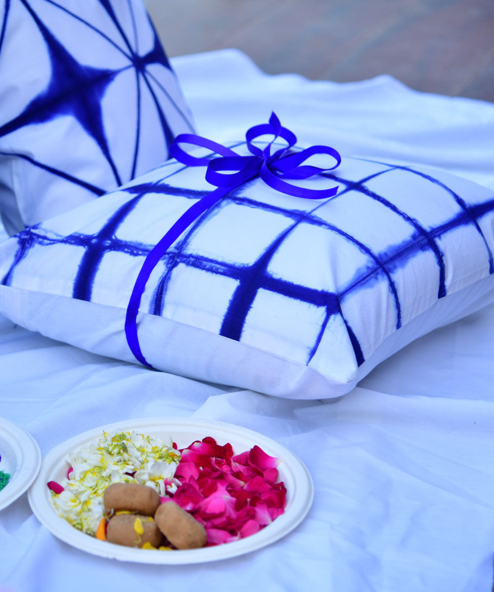 Blue white hand printed shibori cotton cushion cover