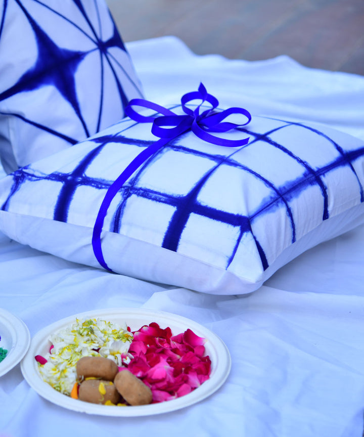 Blue white hand printed shibori cotton cushion cover