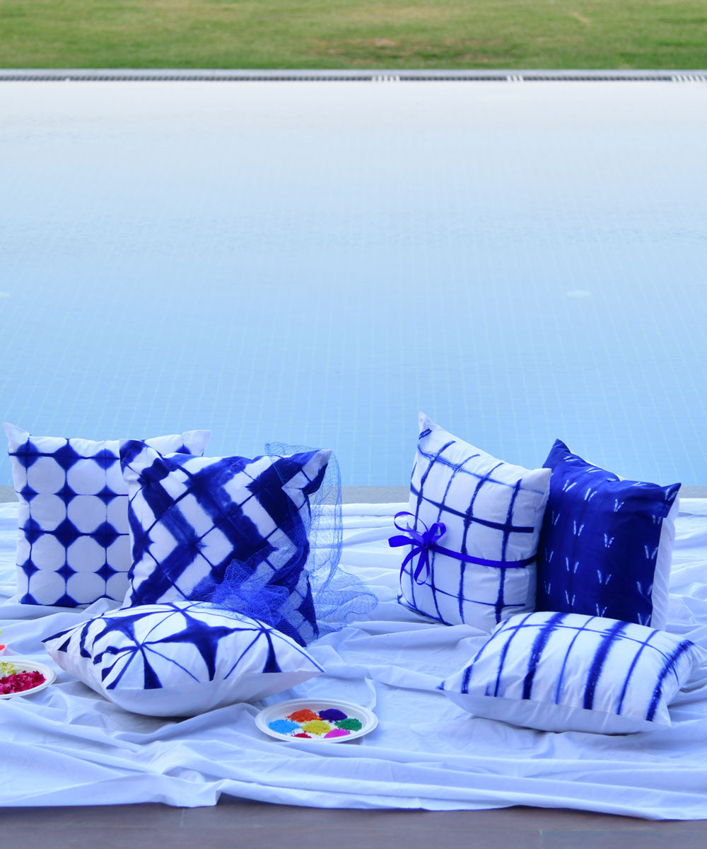 Blue white hand printed shibori cotton cushion cover