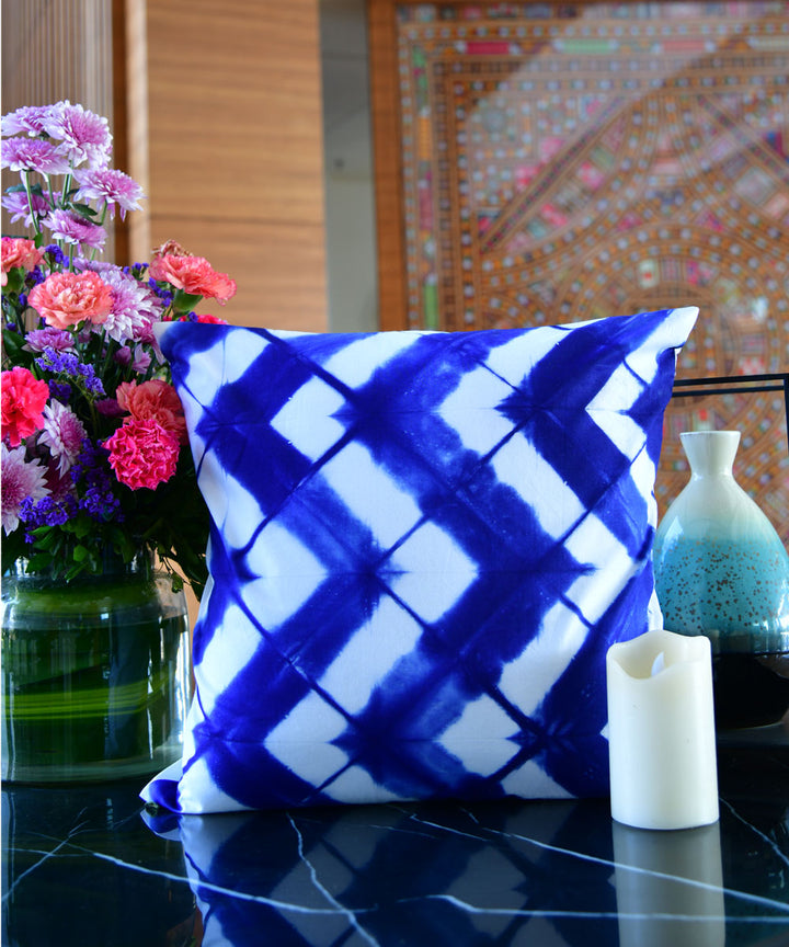 Blue white hand printed cotton shibori cushion cover