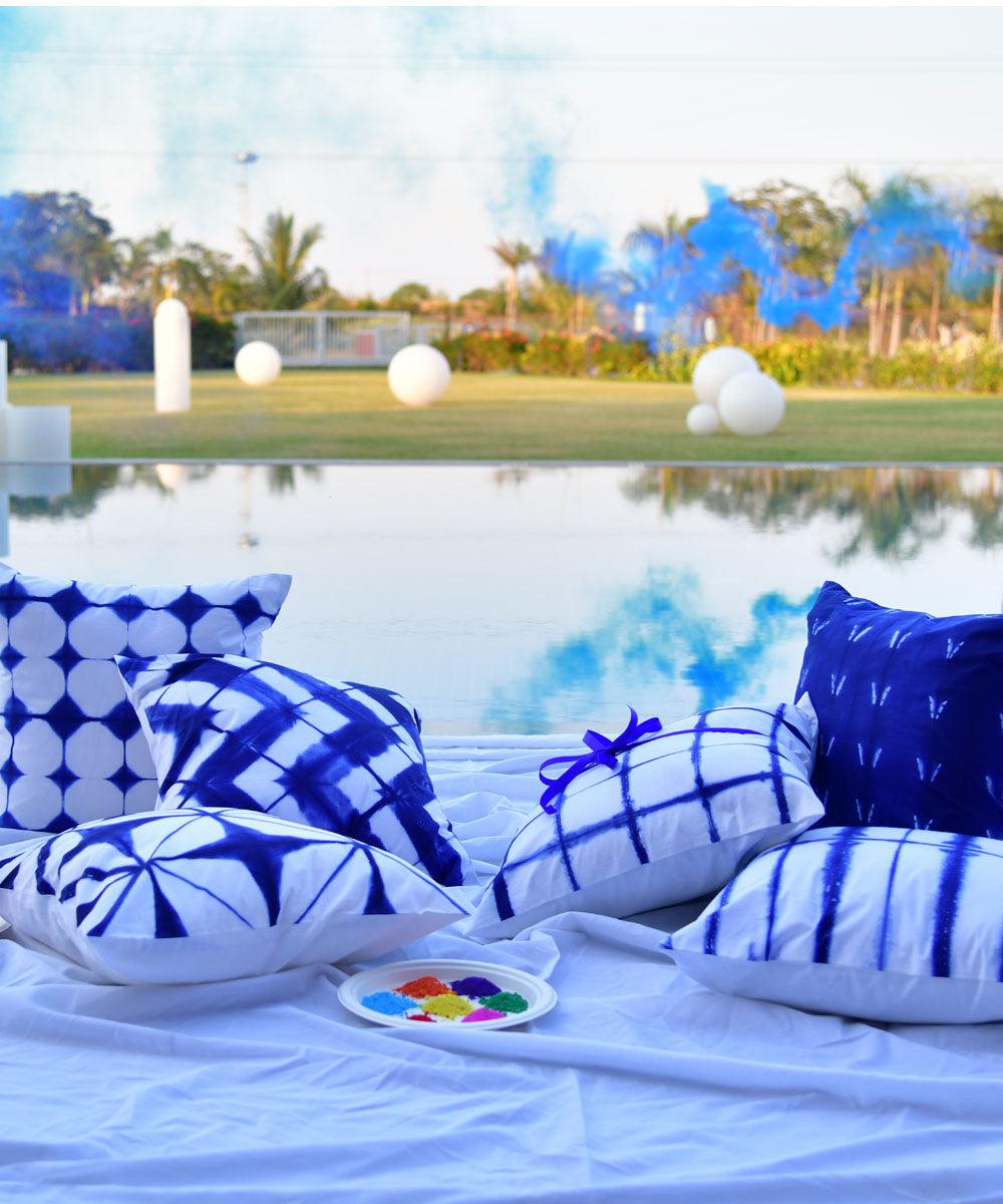 Blue white hand printed cotton shibori cushion cover
