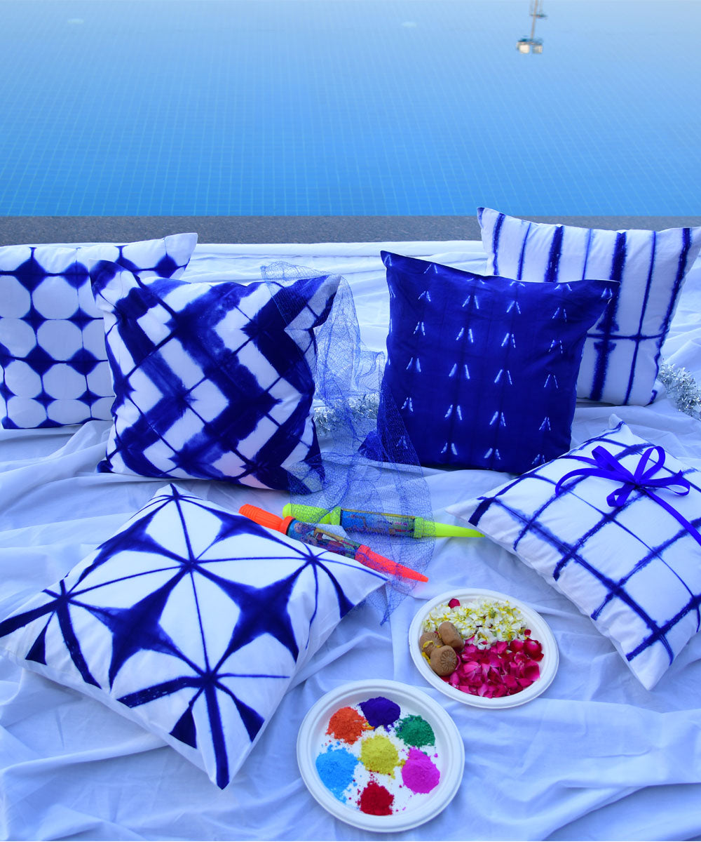 White blue hand printed shibori cotton cushion cover