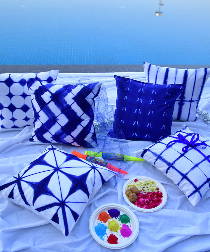 White blue hand printed shibori cotton cushion cover