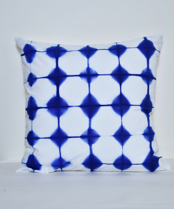 White cyan blue hand printed shibori cotton cushion cover