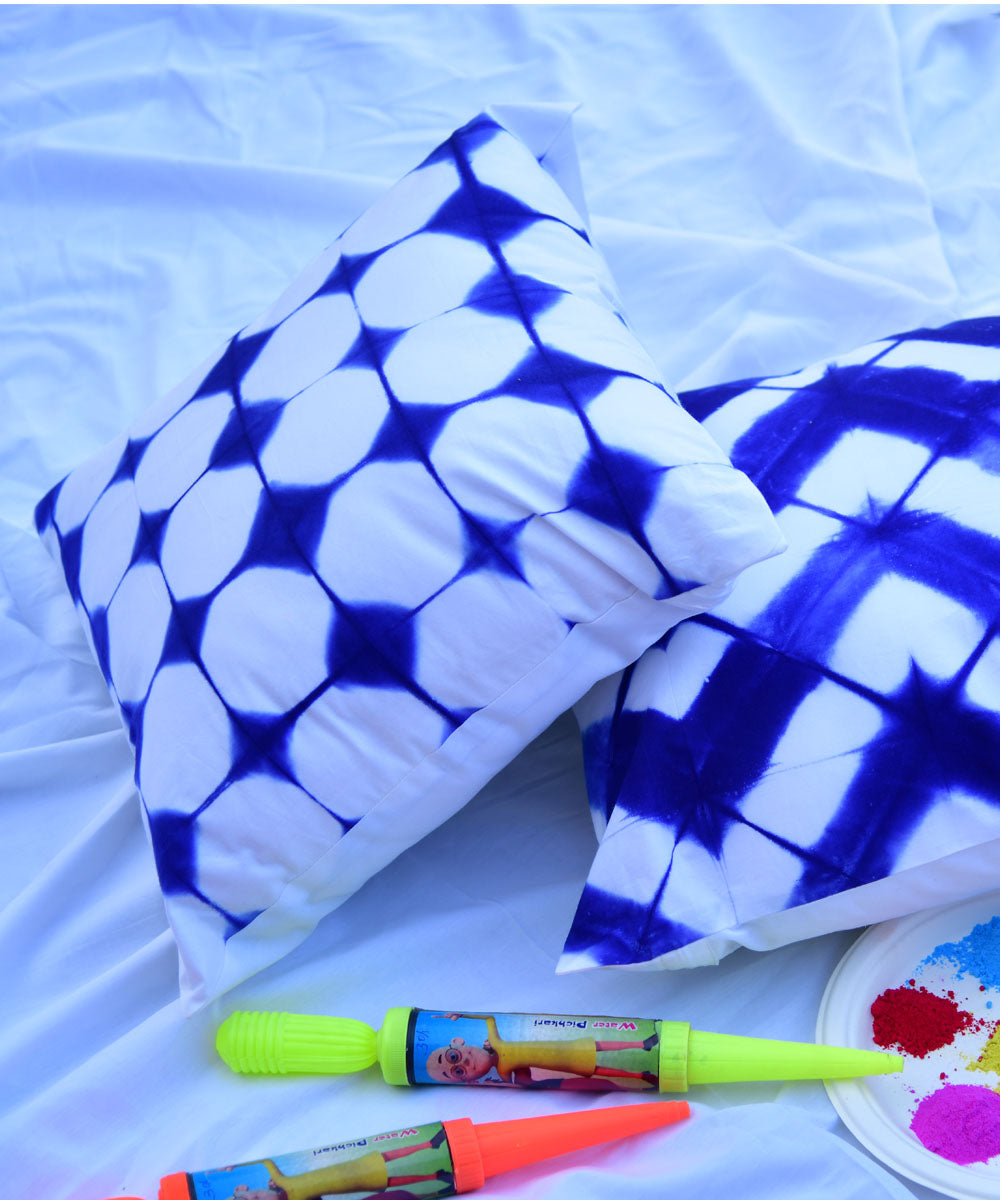 White cyan blue hand printed shibori cotton cushion cover