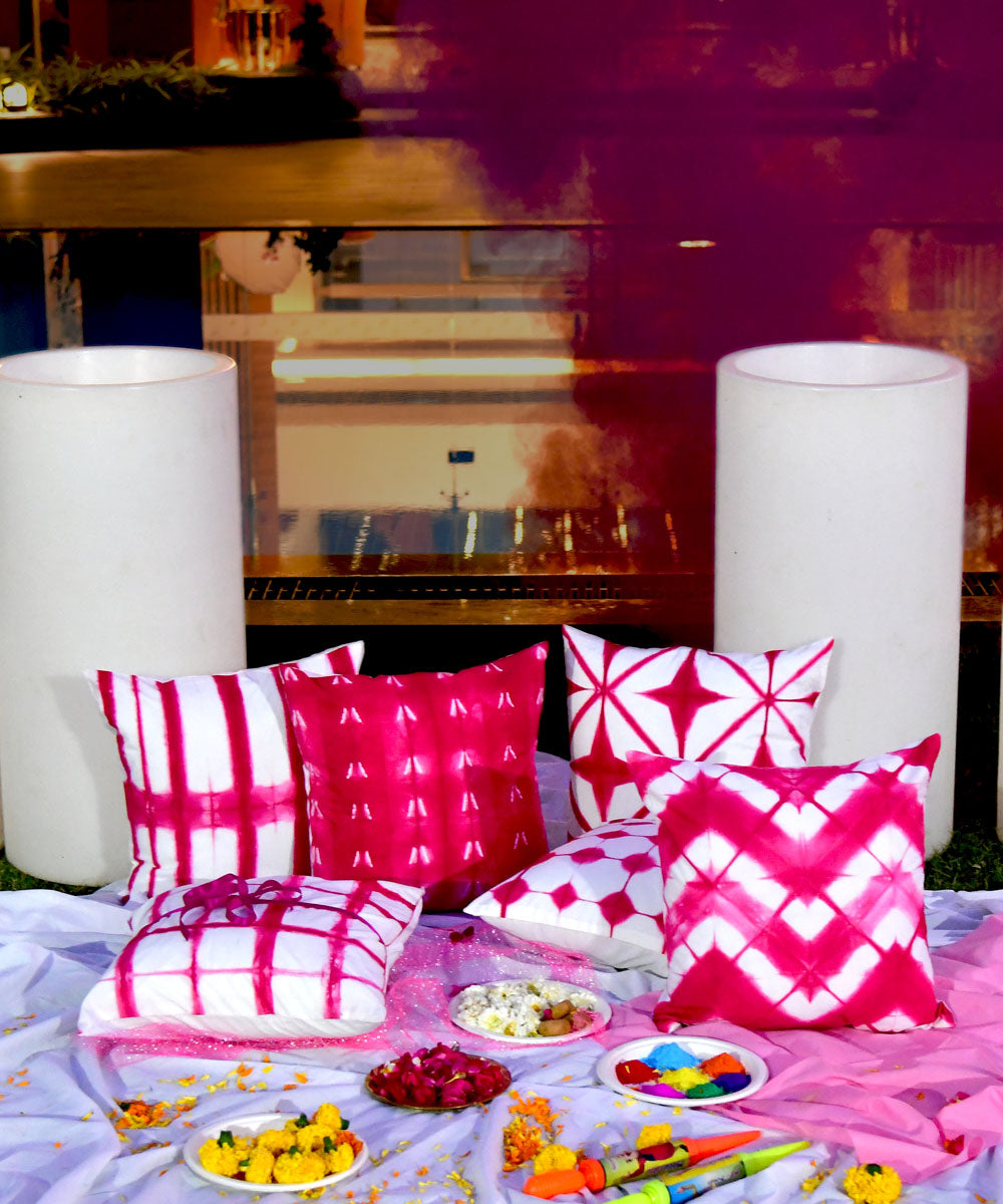 Pink white hand printed cotton shibori cushion cover