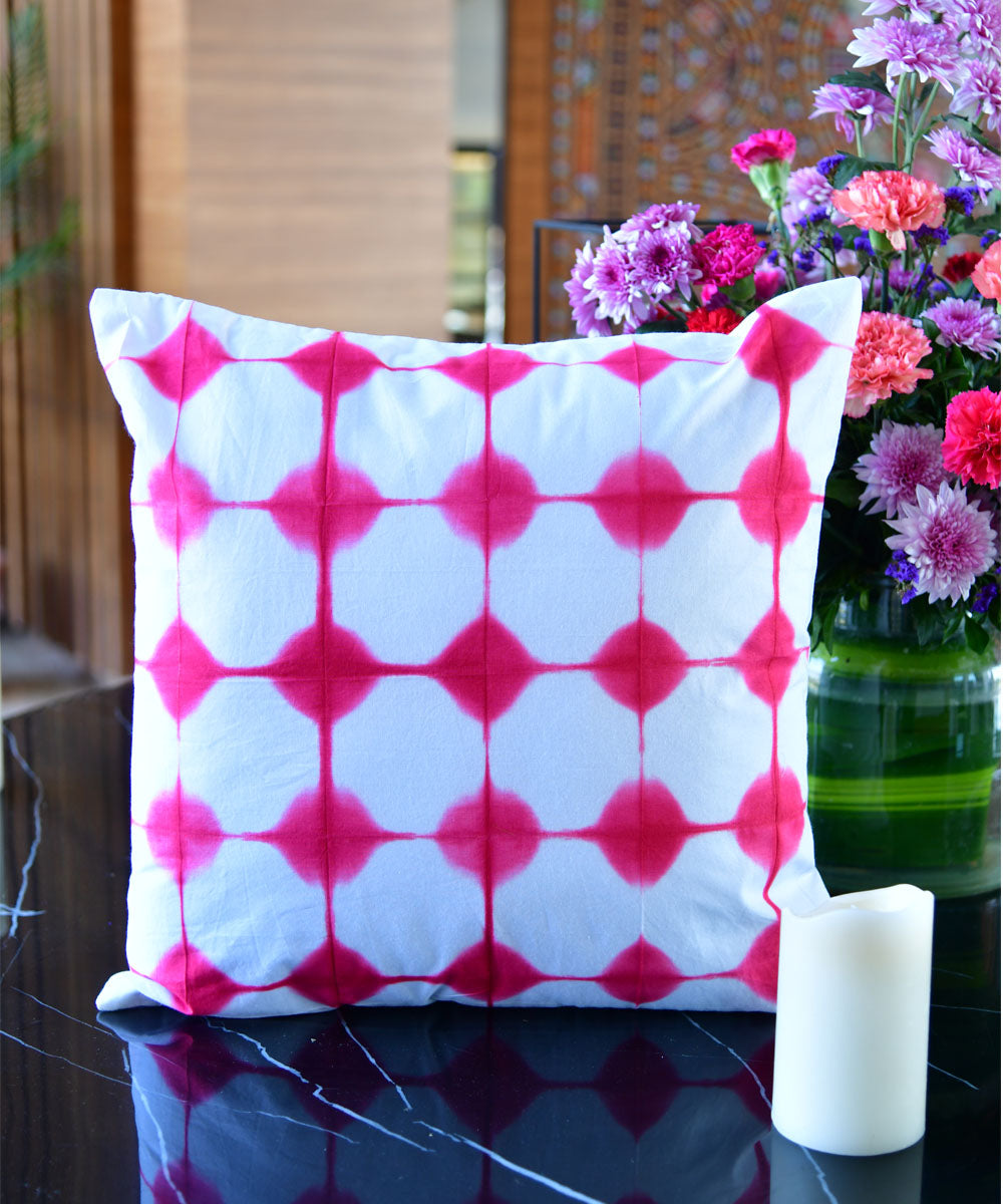 White pink hand printed cotton shibori cushion cover