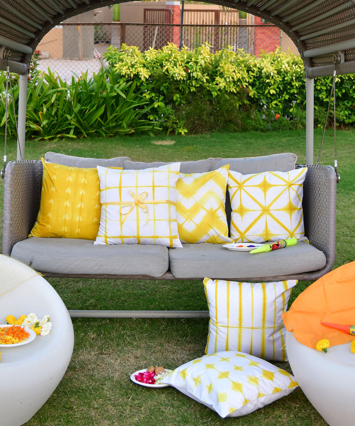 Yellow white hand printed shibori cotton cushion cover