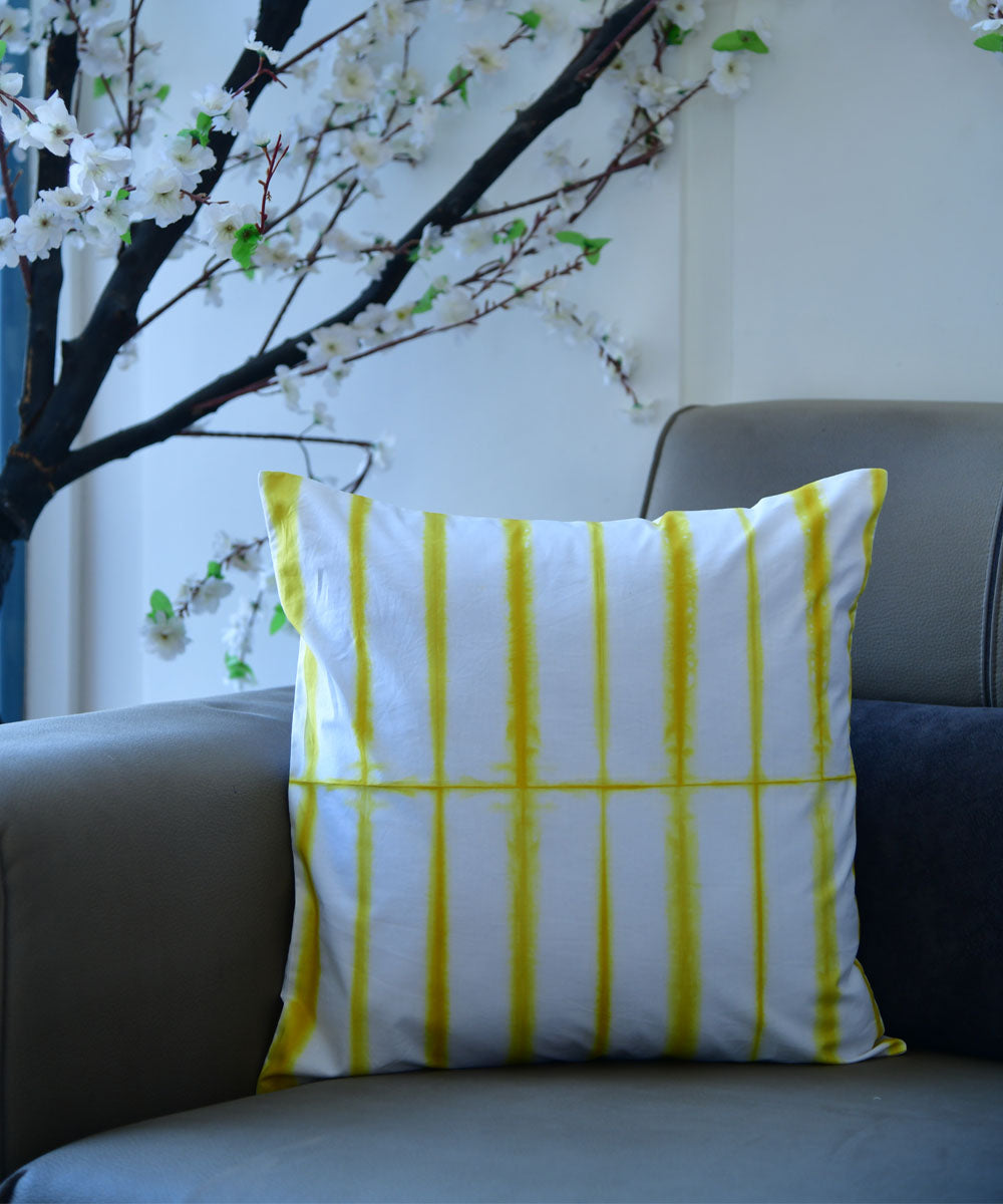 White yellow hand printed shibori cotton cushion cover