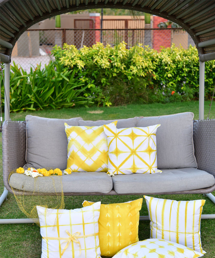 White yellow hand printed shibori cotton cushion cover