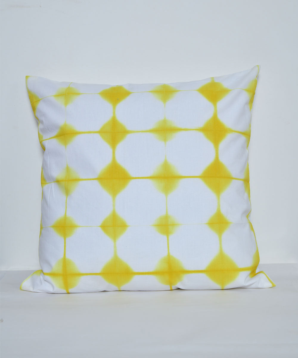 Yellow white handprinted cotton shibori cushion cover