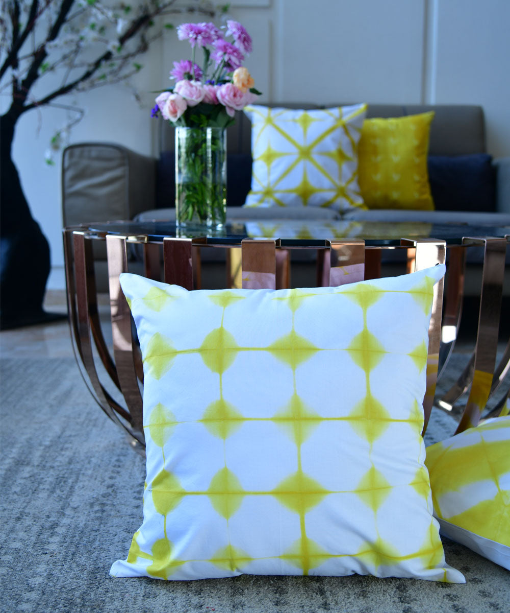 Yellow white handprinted cotton shibori cushion cover