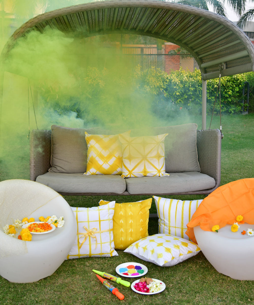 Yellow white handprinted cotton shibori cushion cover