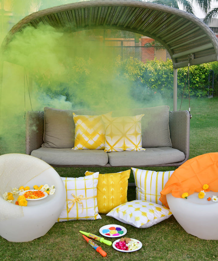 Yellow white handprinted cotton shibori cushion cover