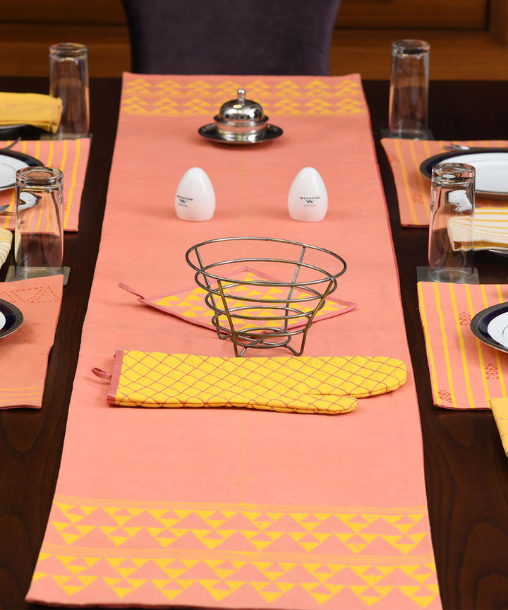 Peach Yellow Cotton Hand Embroidery Block Print Table runner