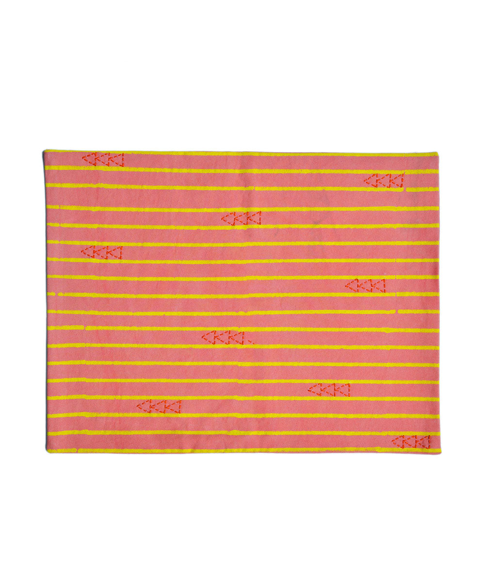 Peach Yellow Cotton Hand Embroidery Block Print table mat (set of 4)