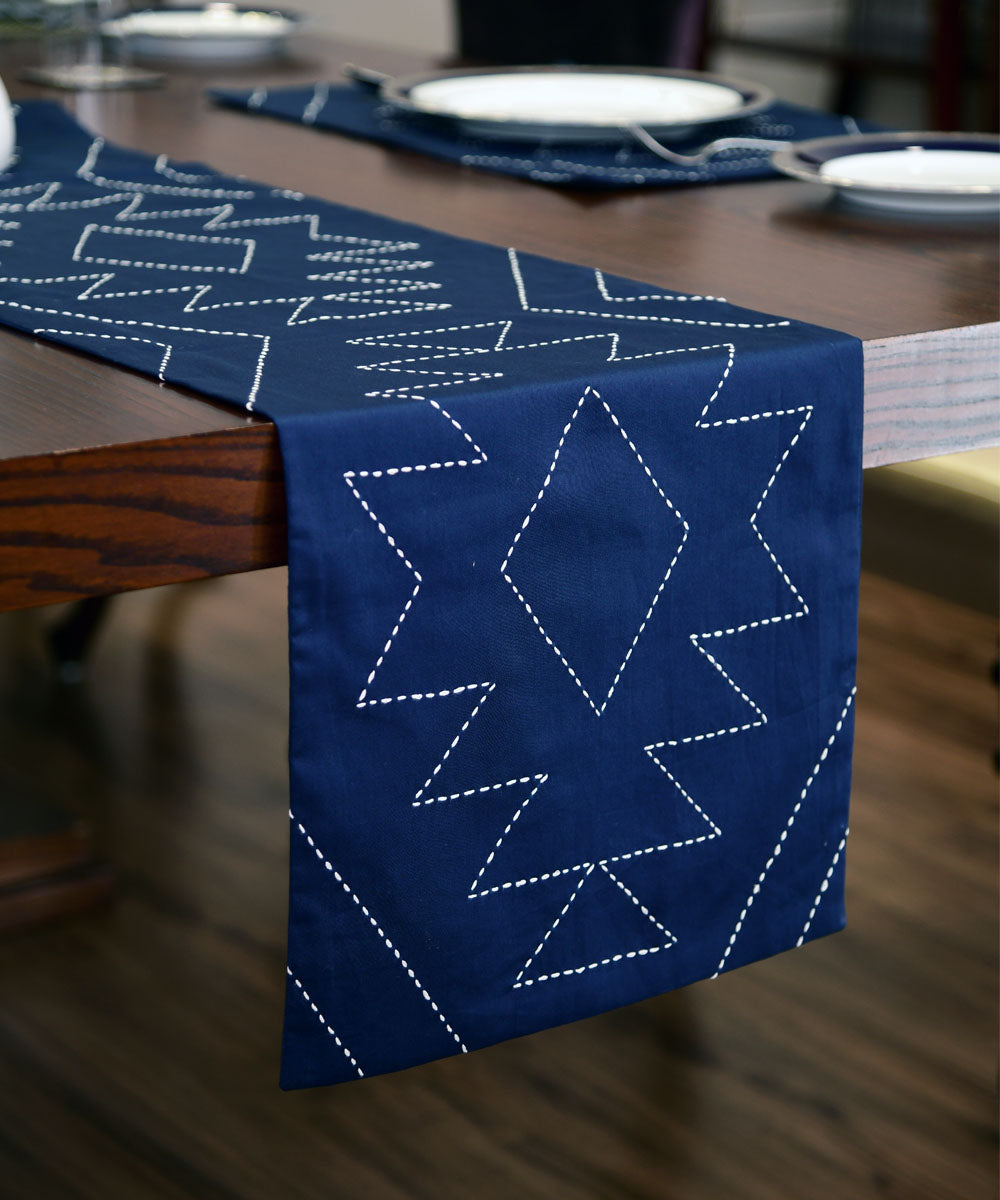 Navy blue hand embroidered kantha stitch cotton table runner