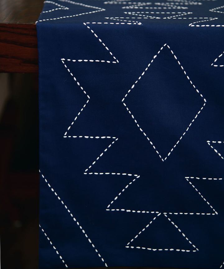 Navy blue hand embroidered kantha stitch cotton table runner