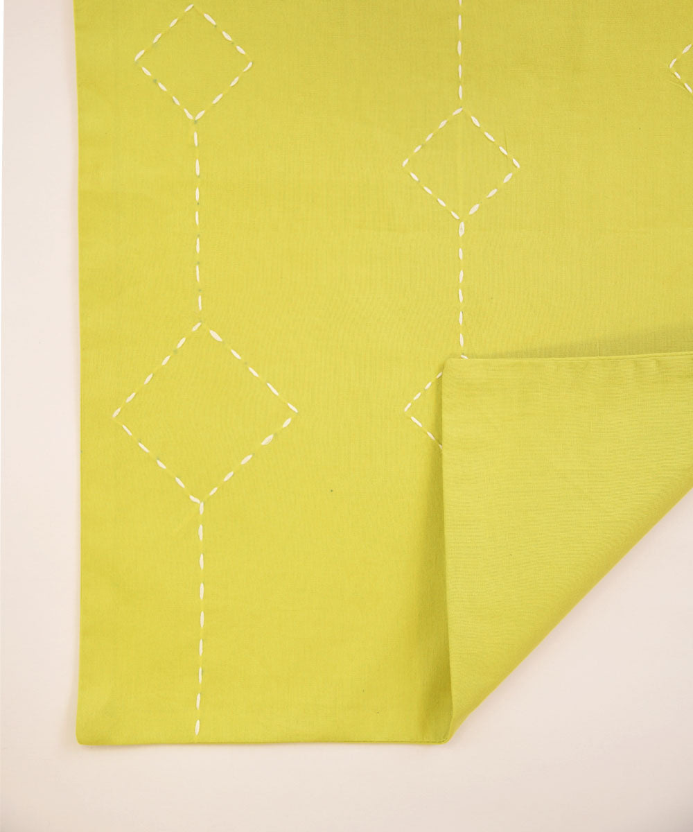 Yellow hand embroidered kantha stitch cotton table runner