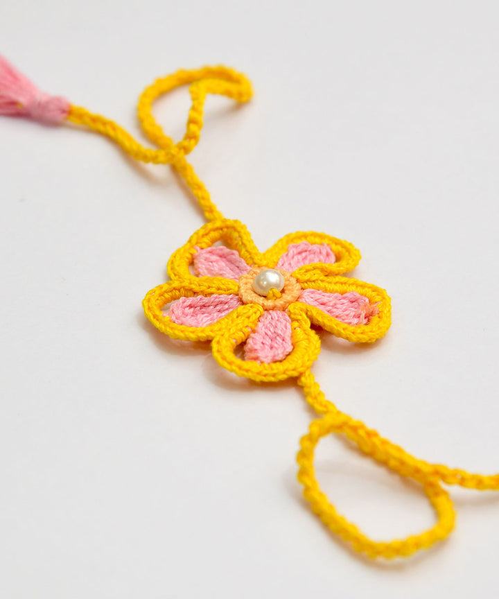 Pink yellow hand embroidery cotton rakhi