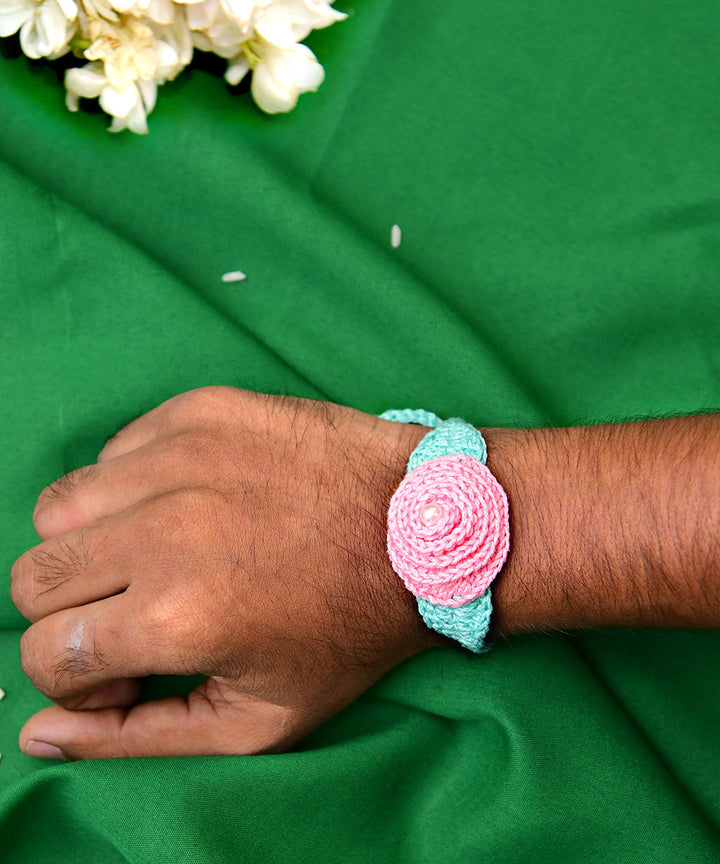 Pink blue hand embroidery cotton rakhi