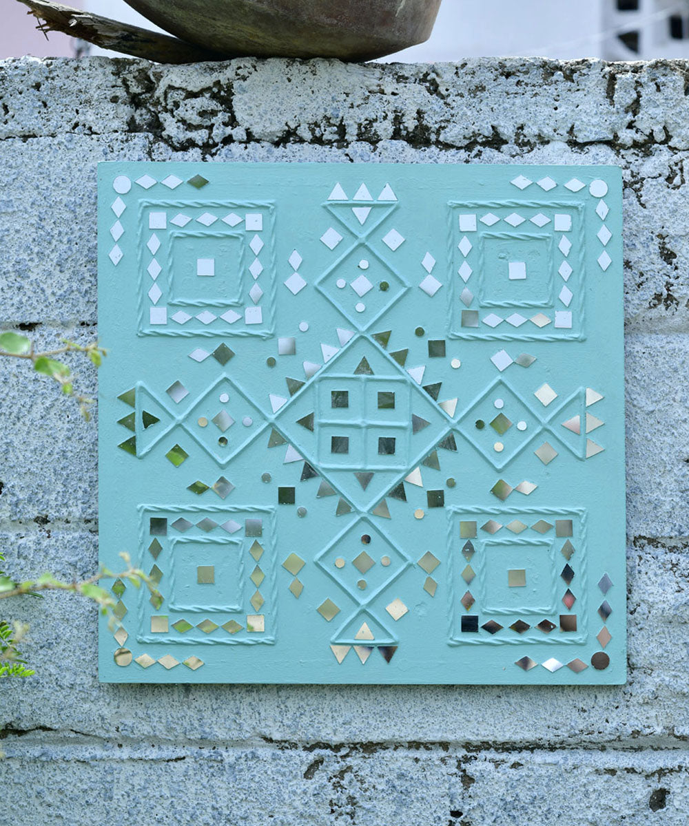 Mint green hand painted mud and mirror work wall decor