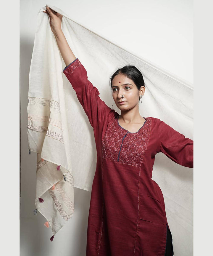 White thread embroidery silk dupatta