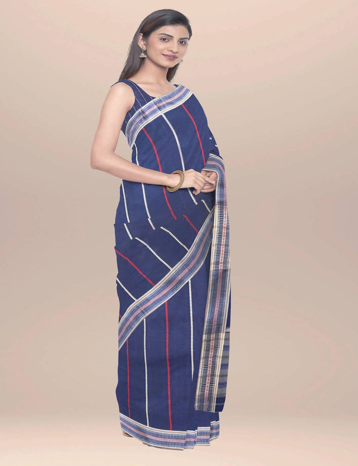 Navy blue dhonekhali handwoven cotton saree