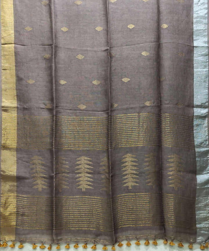 Brown grey handloom linen jamdani saree