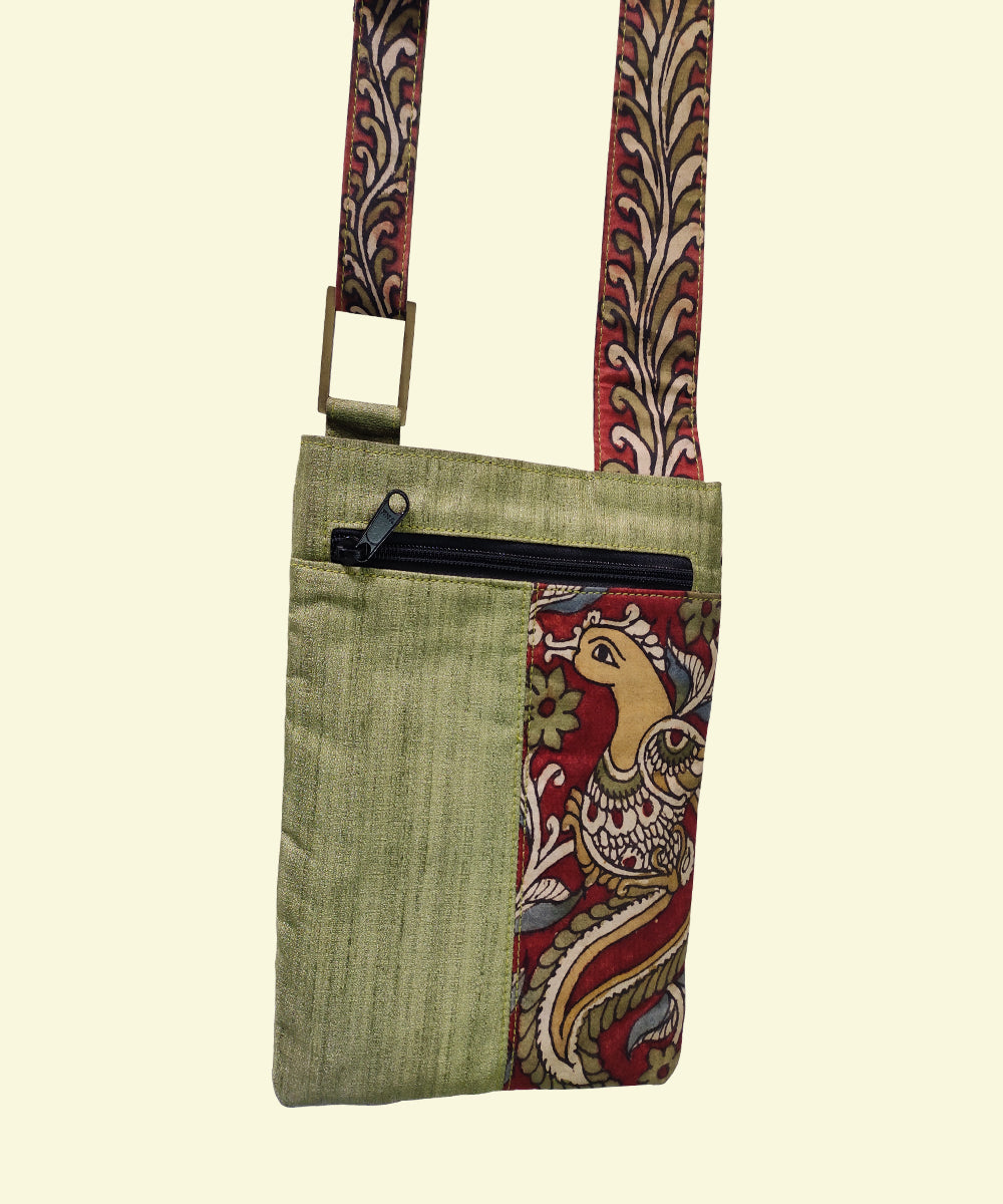 Light Green Kalamkari Ghicha silk cotton Kalamkari strap sling bag
