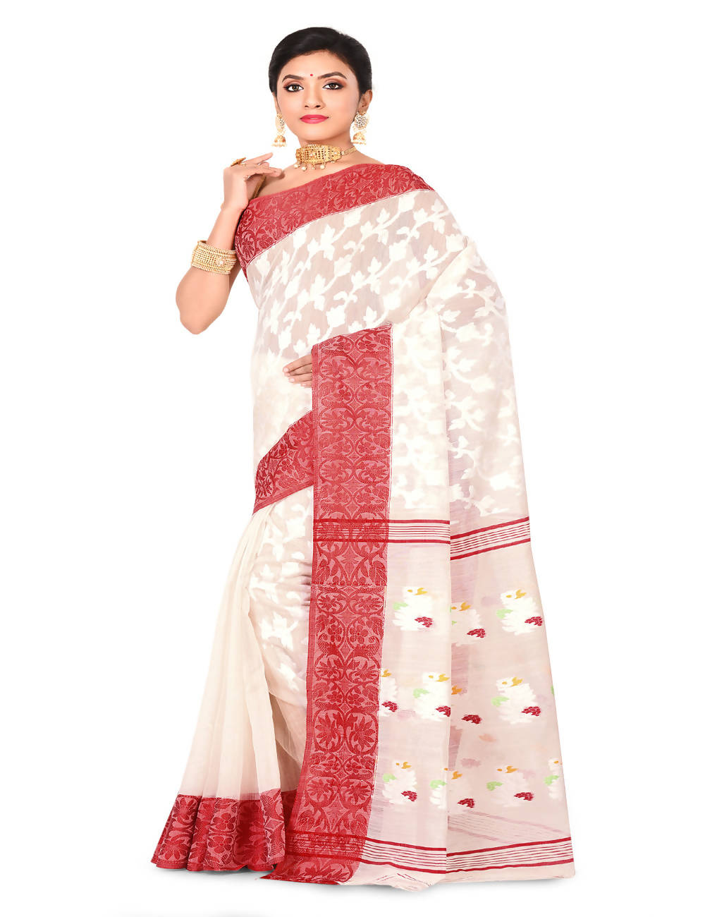 White and red Bengal Handloom cotton blend saree