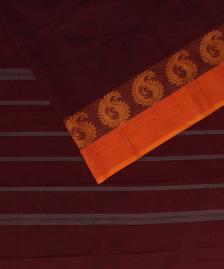 Maroon orange border chettinadu cotton handwoven kanchi saree