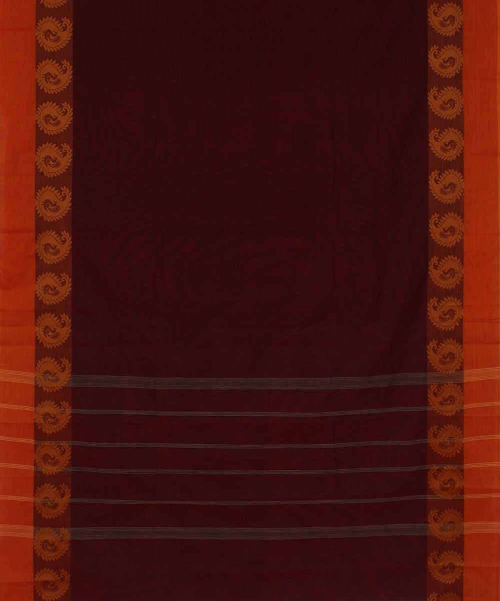 Maroon orange border chettinadu cotton handwoven kanchi saree